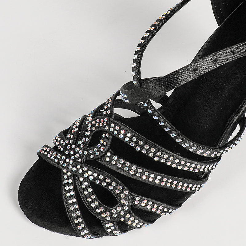 Women's Black Satin Customized Heel Ballroom Rhinestones Strappy Dance Shoes