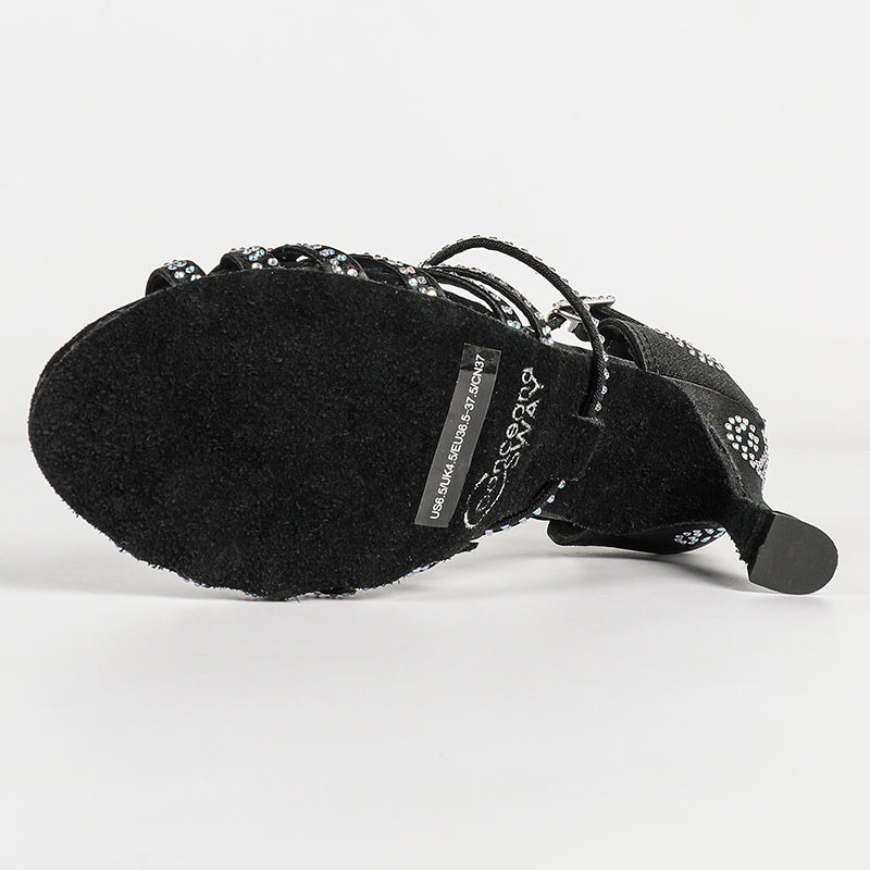 Women's Black Satin Customized Heel Ballroom Rhinestones Strappy Dance Shoes