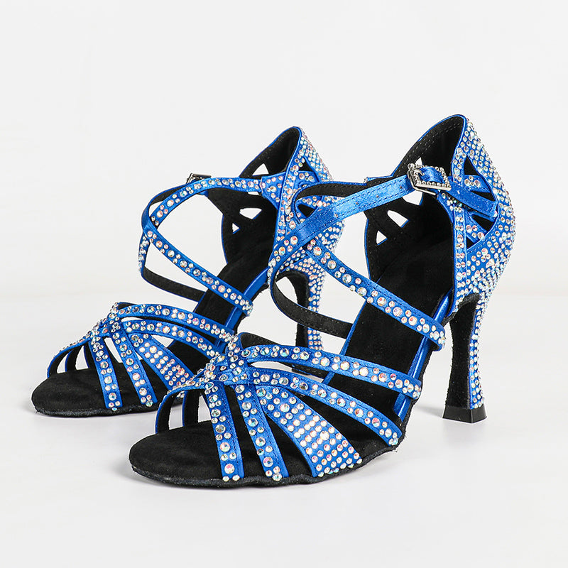 DS Women's Blue Black Satin & Rhinestones Sandal Customized Heel Latin Dance Heels