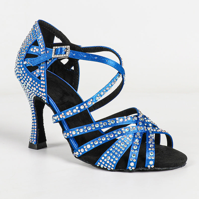DS Women's Blue Black Satin & Rhinestones Sandal Customized Heel Latin Dance Heels