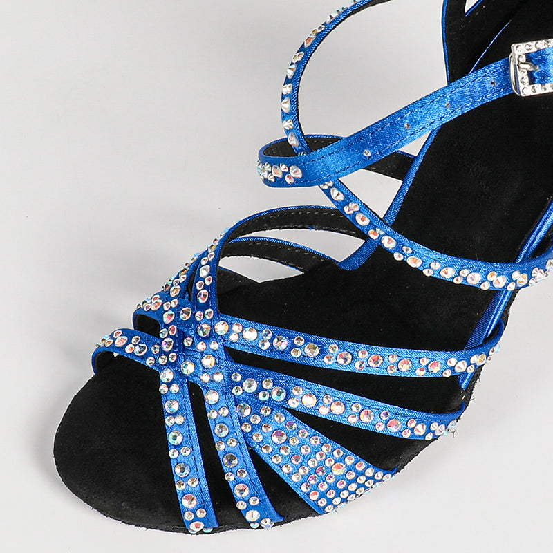 DS Women's Blue Black Satin & Rhinestones Sandal Customized Heel Latin Dance Heels