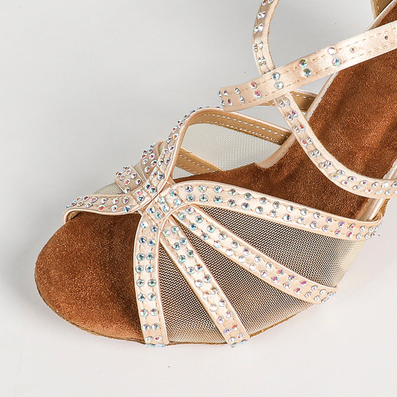 Women's Light Brown Customized Heel Strappy Satin Rhinestones Sandal Dance Shoes