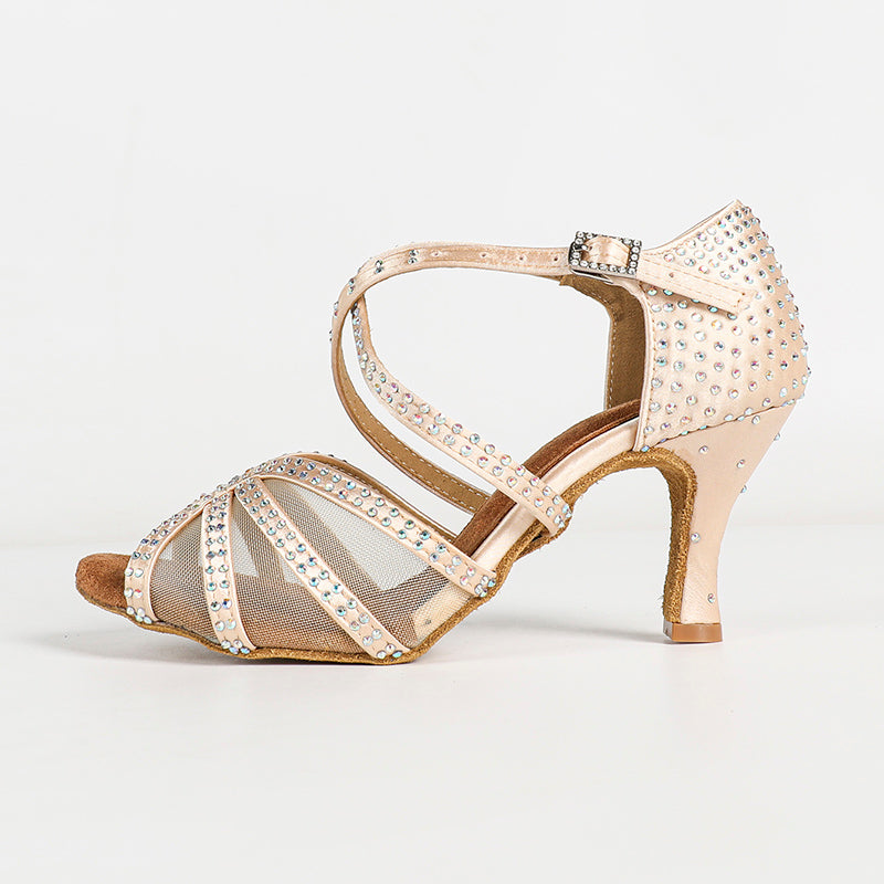 Women's Light Brown Customized Heel Strappy Satin Rhinestones Sandal Dance Shoes