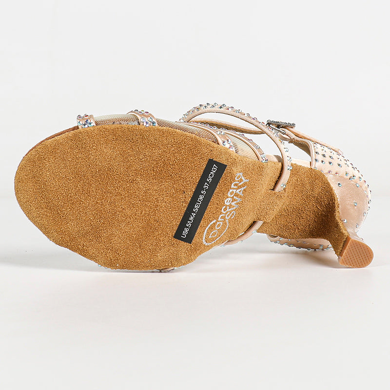 Women's Light Brown Customized Heel Strappy Satin Rhinestones Sandal Dance Shoes