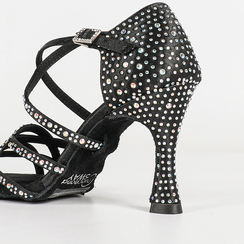 Women's Black Satin Rhinestone Customized Heels Ballroom Latin Dance Shoes