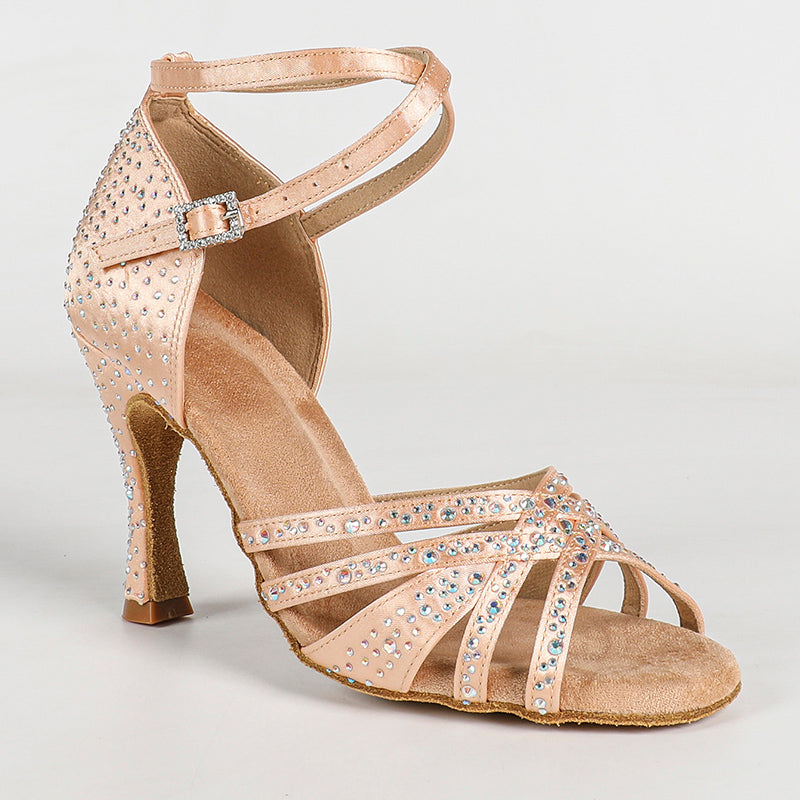 DS Women's Beige Silk Satin Rhinestones Strappy Latin Dance Shoes Customized Heel