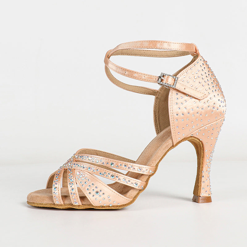 DS Women's Beige Silk Satin Rhinestones Strappy Latin Dance Shoes Customized Heel