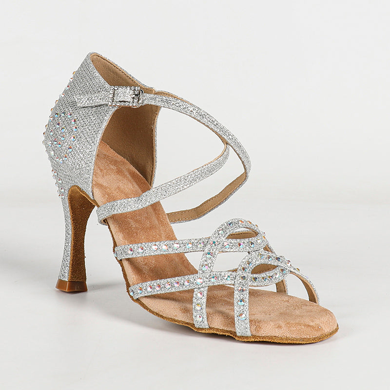 DS Women's Silver Sparkling Glitter Customized Heel Ballroom Latin Bride Dance Shoes