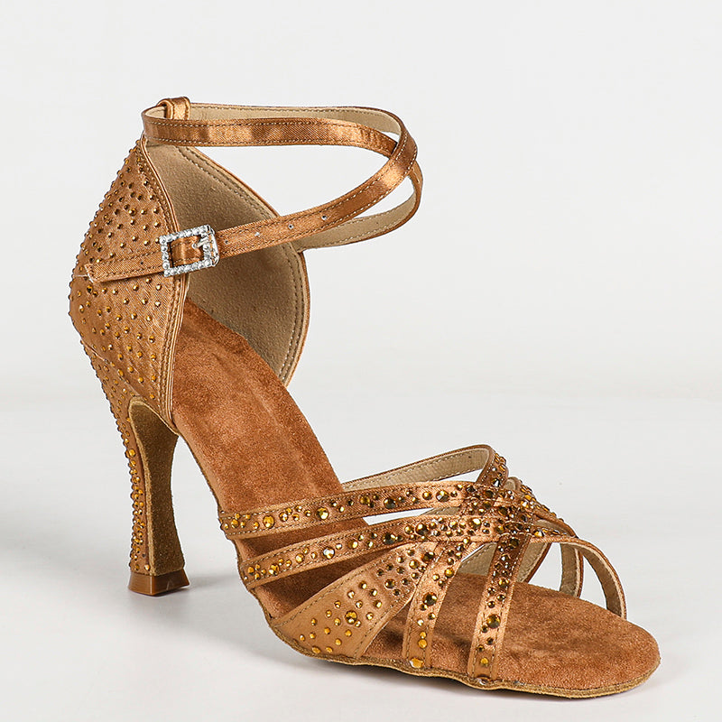 DS Women's Brown Silk Satin Rhinestones Strappy Latin Dance Shoes Customized Heel