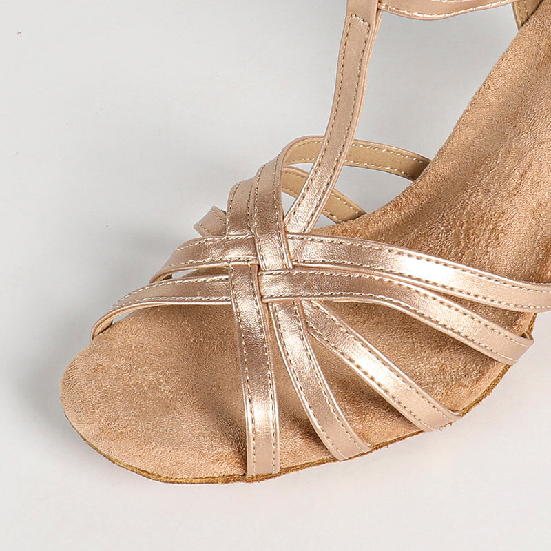 Women's Champagne Leatherette Customized Heel T-Strap Latin Dance Shoes Ballroom Dance Shoes