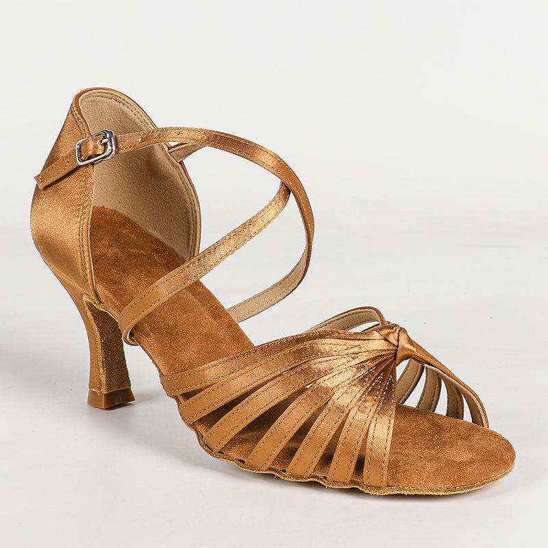 Women's Brown Satin Customized Heel Strappy Ballroom Dance Shoes Latin Dance Shoes