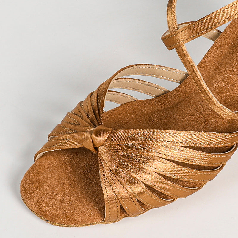 Women's Brown Satin Customized Heel Strappy Ballroom Dance Shoes Latin Dance Shoes