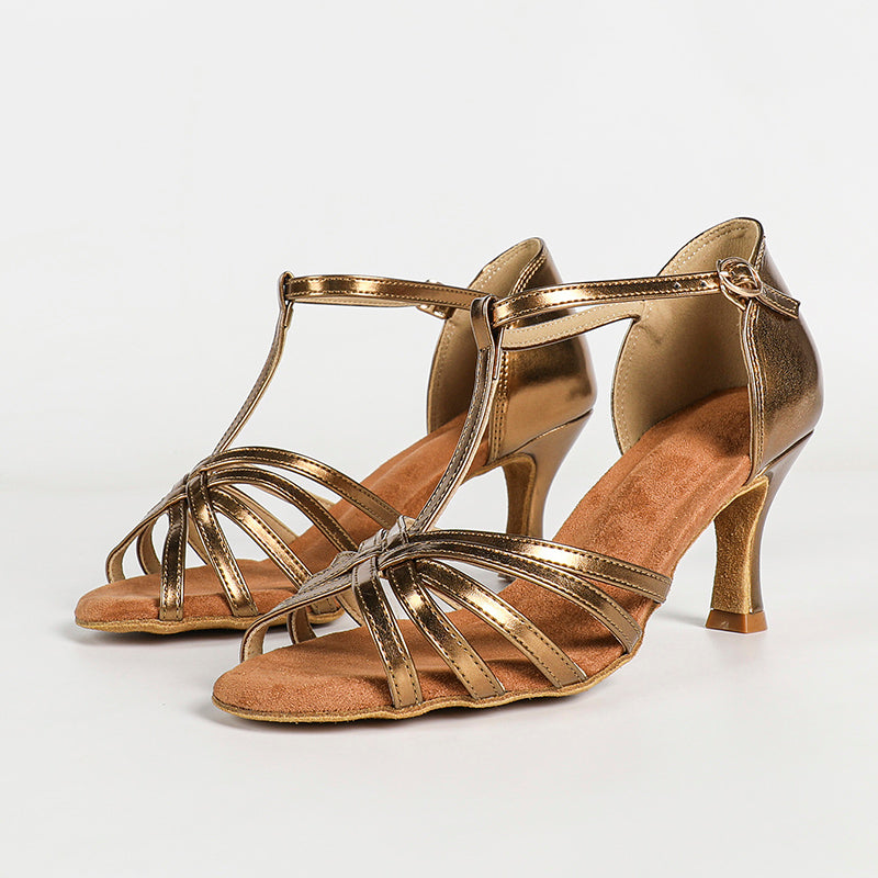Women's Bronze Leatherette Customized Heel T-Strap Latin Dance Shoes Ballroom Dance Shoes