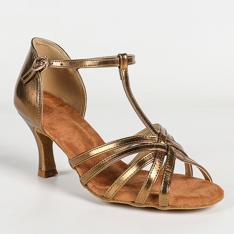 Women's Bronze Leatherette Customized Heel T-Strap Latin Dance Shoes Ballroom Dance Shoes