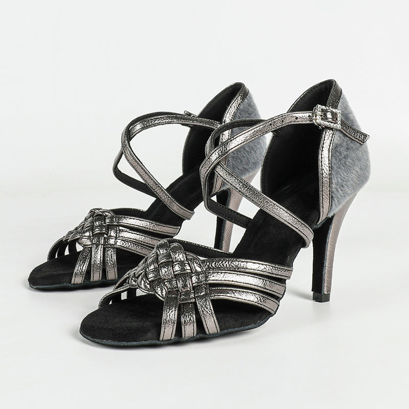 Women's Gray Leatherette Customized Heel Latin Dance Shoes Ballroom Dance Shoes