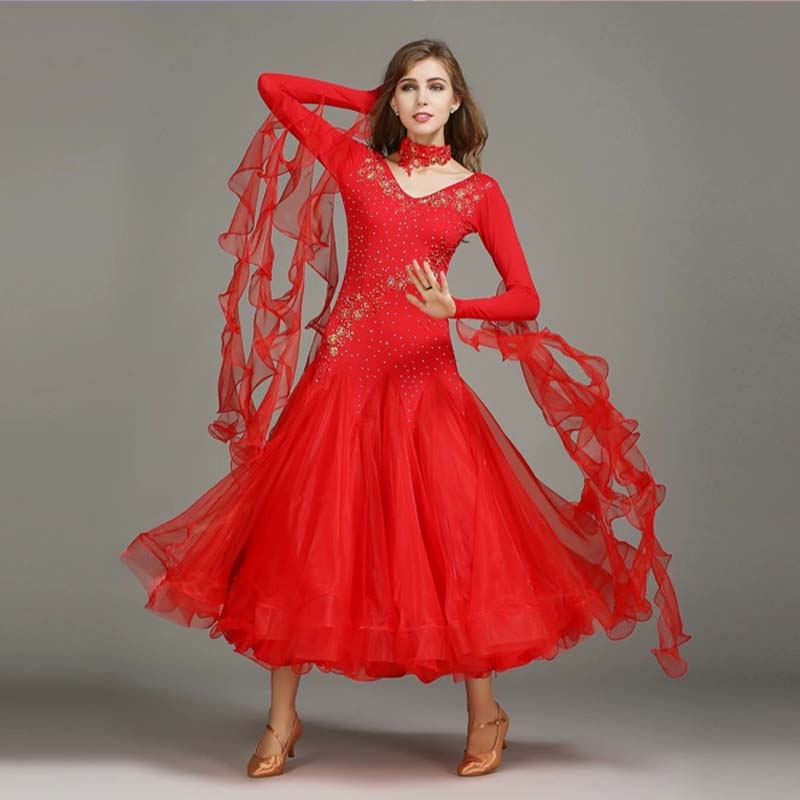 Women's Long Sleeve Waltz Modern Ballroom Dance Dress Competition Dresses