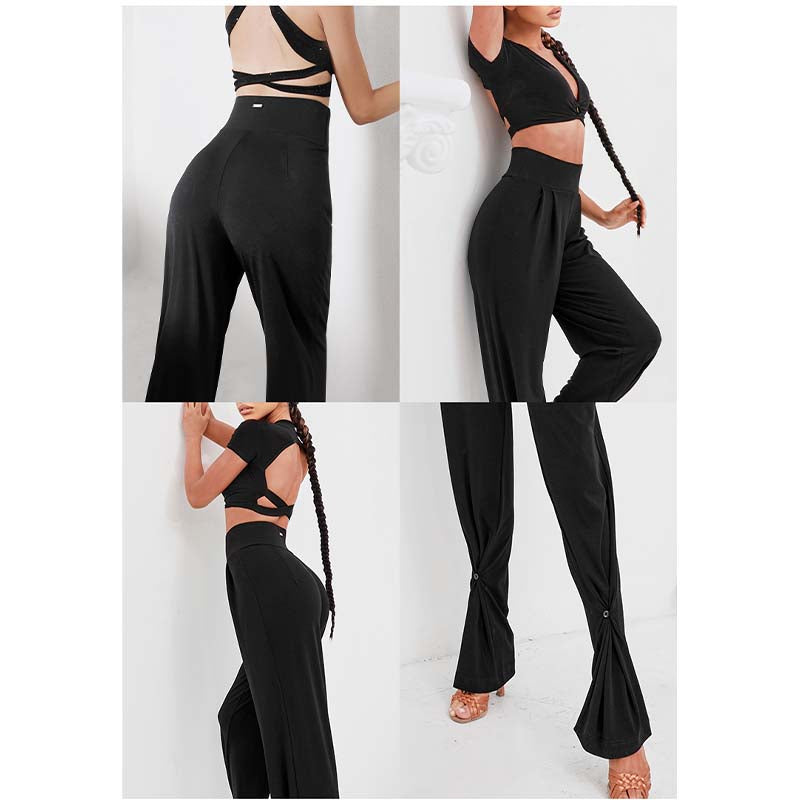 Z Women's Black High Waisted Wide Two Ways To Wear  Latin Dance Wear Training Performance Pants