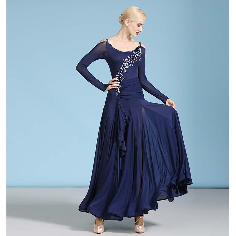 Women's Navy Long Sleeve Sling Modern Dance Dress Ballroom Dancing Costume
