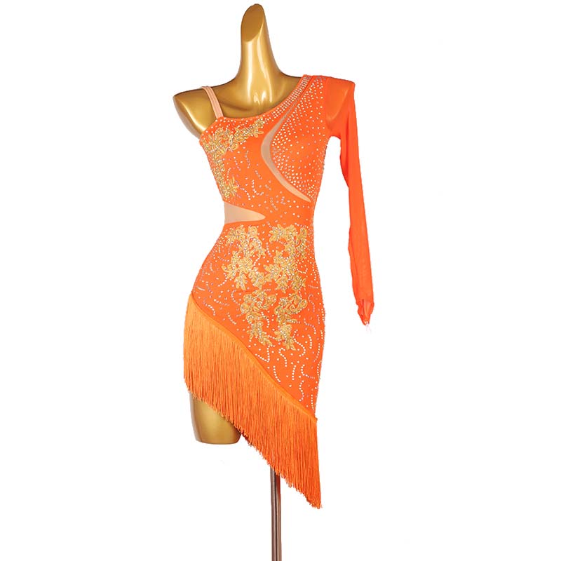 Customisable-Women's One-Shoulder Latin Dance Dress Rumba Chacha Samba Cowboy Bullfight Dance Wear Performance  Competition Dress