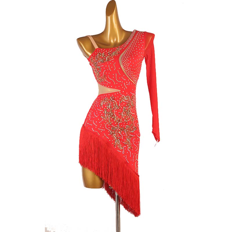 Customisable-Women's One-Shoulder Latin Dance Dress Rumba Chacha Samba Cowboy Bullfight Dance Wear Performance  Competition Dress