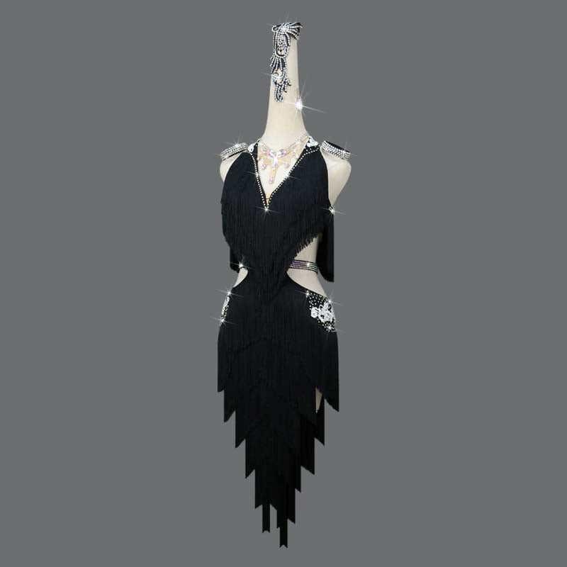 Customisable-Women's Black Tassel Latin Dance Dress Professional Dance Stage Performance Wear