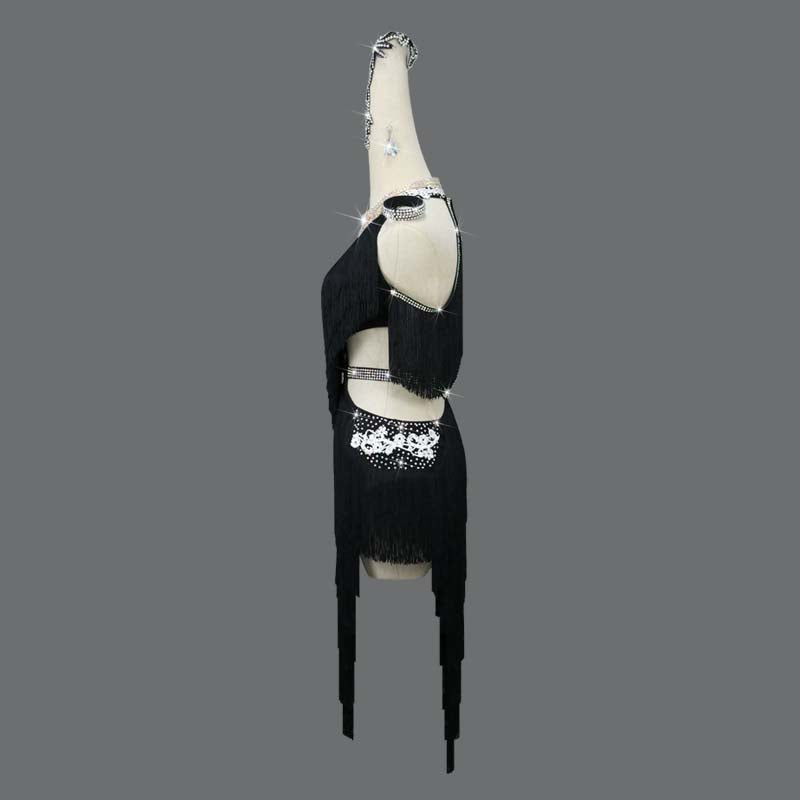 Customisable-Women's Black Tassel Latin Dance Dress Professional Dance Stage Performance Wear