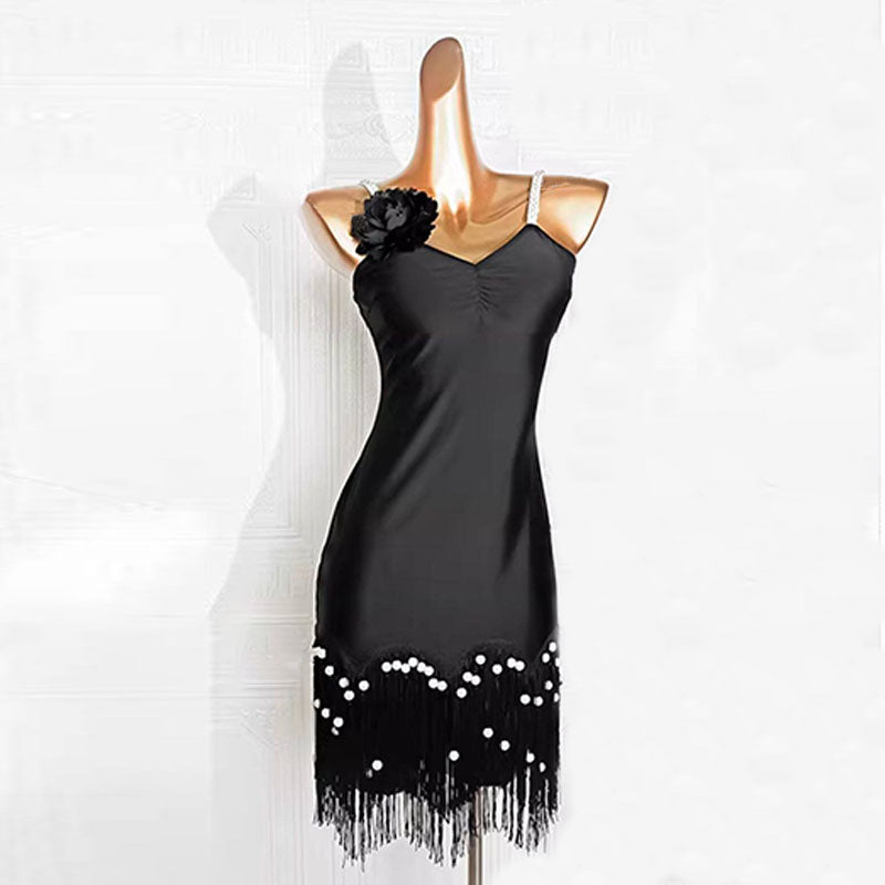 YJFY Women's Black Spaghetti Strap Tassel Latin Dance Dress Dance Wear Training Performance Dress(With Black Flower)