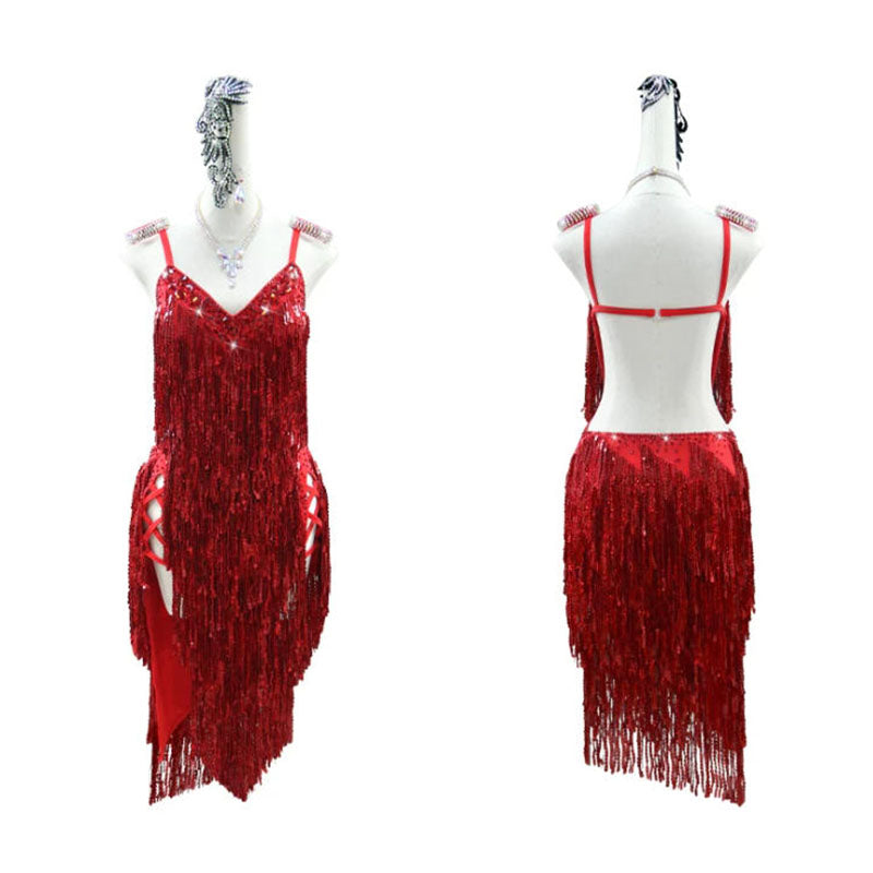 Customisable-Women's Red Tassel Latin Dance Dress Professional Dance Stage Performance Wear