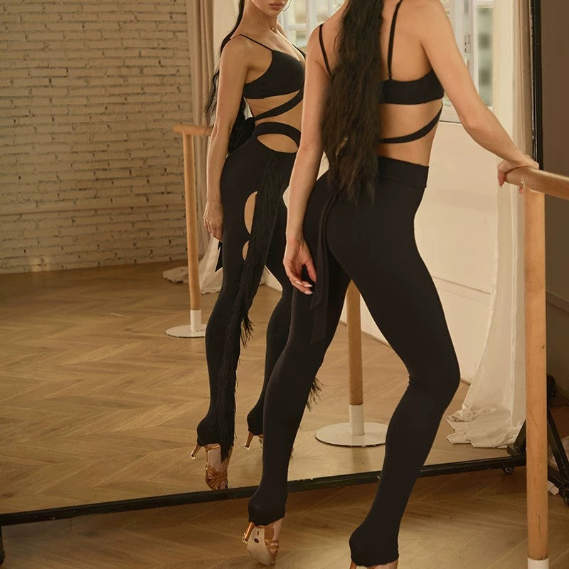 Z Women's Black Tassel Latin Dance Pants Dance Wear Training Performance Pants