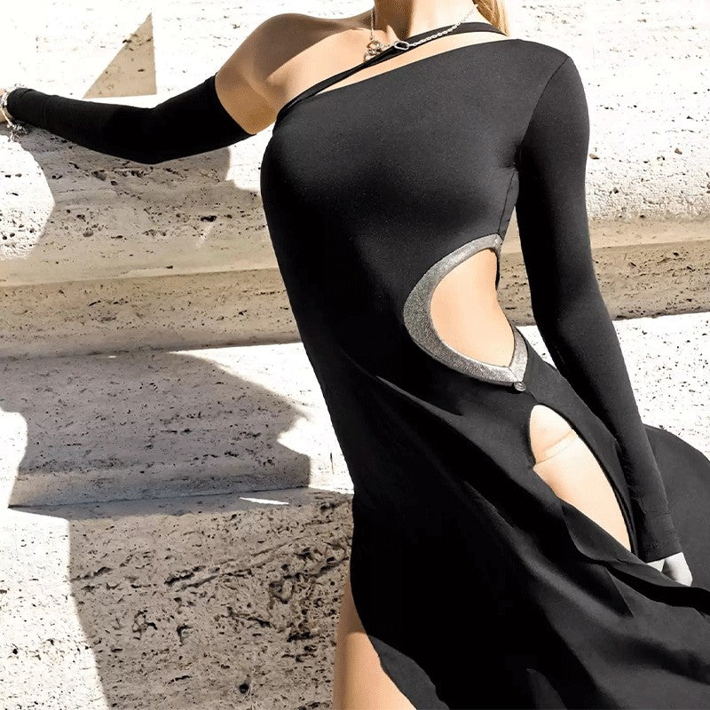 YES Women's Black Slant Shoulder Backless Latin Dance Dress Dance Wear