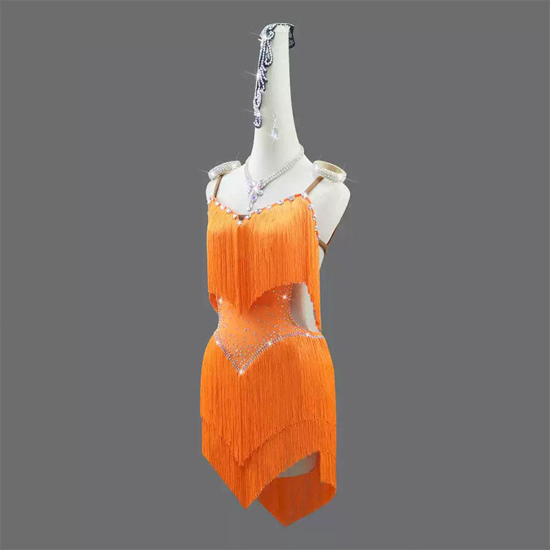 Customisable-Women's Orange Tassel Latin Dance Dress Professional Dance Stage Performance Wear