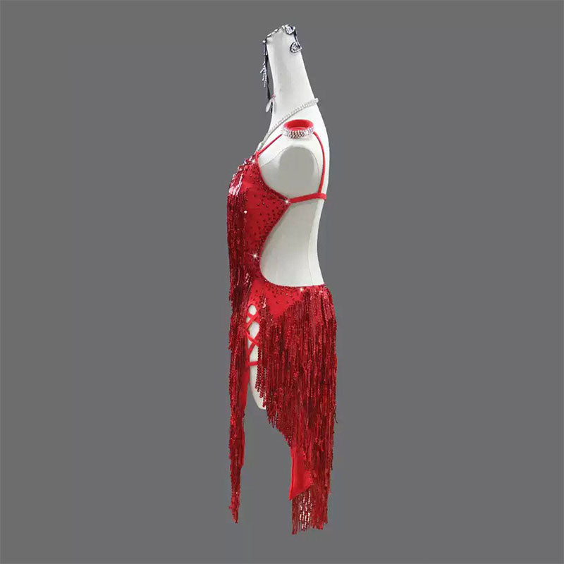Customisable-Women's Red Tassel Latin Dance Dress Professional Dance Stage Performance Wear