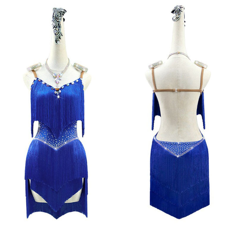 Customisable-Women's Blue Tassel Latin Dance Dress Professional Dance Stage Performance Wear