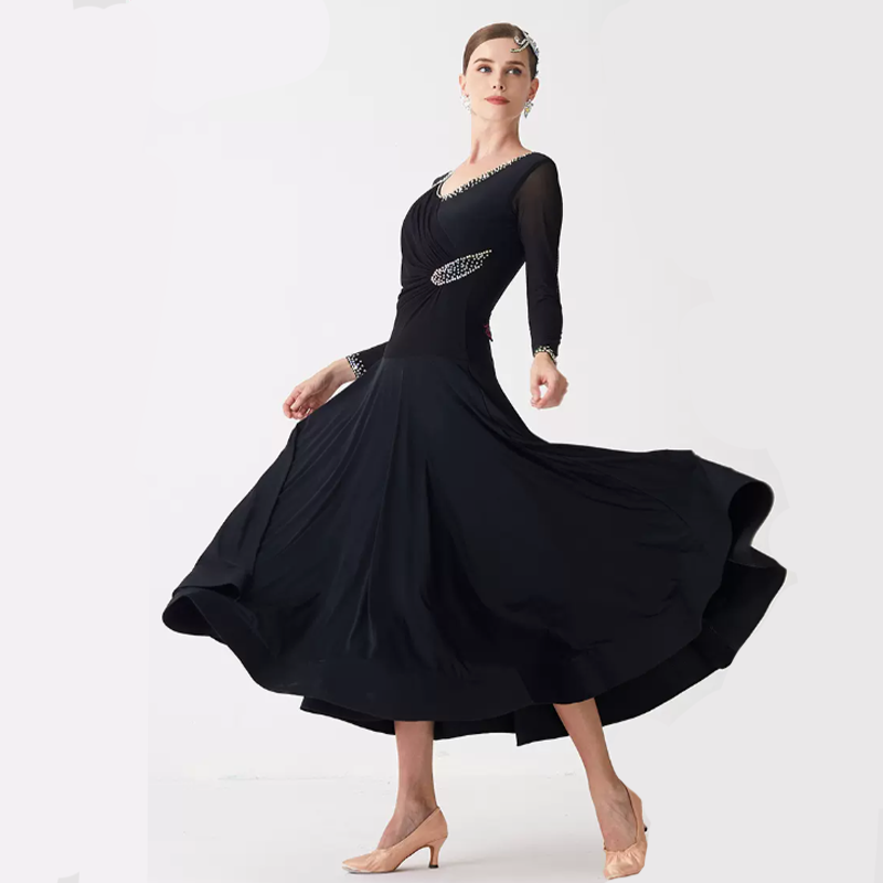 YUN Customisable-Women's Long Sleeve V-neck Diamonds Waltz Modern Ballroom Dance Dress