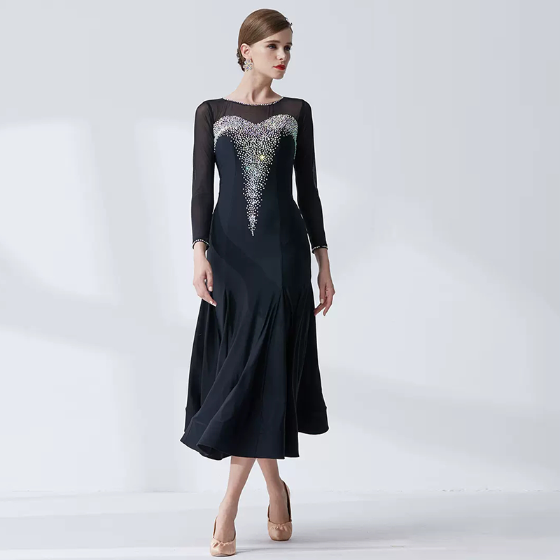 YUN Customisable-Women's Long Sleeve Mesh Diamonds Dress For Ballroom Dancing standard/Smooth Dress