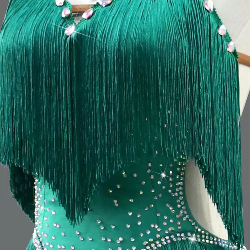 Customisable-Women's Green Tassel Latin Dance Dress Professional Dance Stage Performance Wear