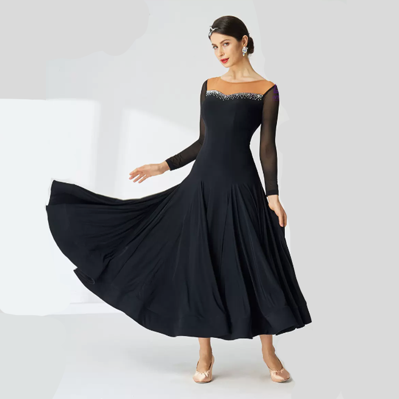 YUN Customisable-Women's Long Sleeve Round Neck Diamonds Waltz Modern Ballroom Dance Dress
