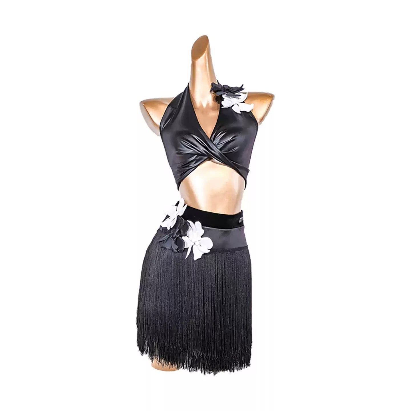 YJFY Women's Black Tassel Latin Dance Sets Dance Wear Training Performance Dress Sets (With Flower And Long Gloves)
