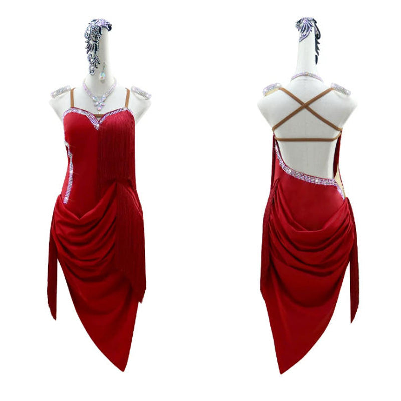 Customisable-Women's Red Tassel Latin Dance Dress Professional Dance Stage Performance Wear