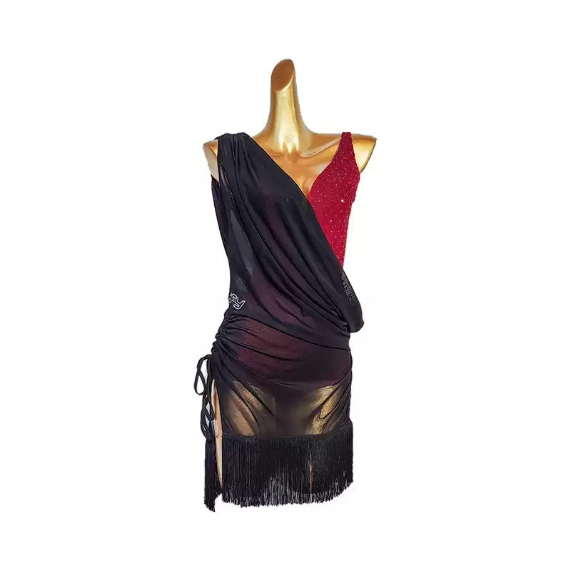 YJFY Women's Black Mesh Tassel Latin Dance DressDance Wear Training Performance Dress