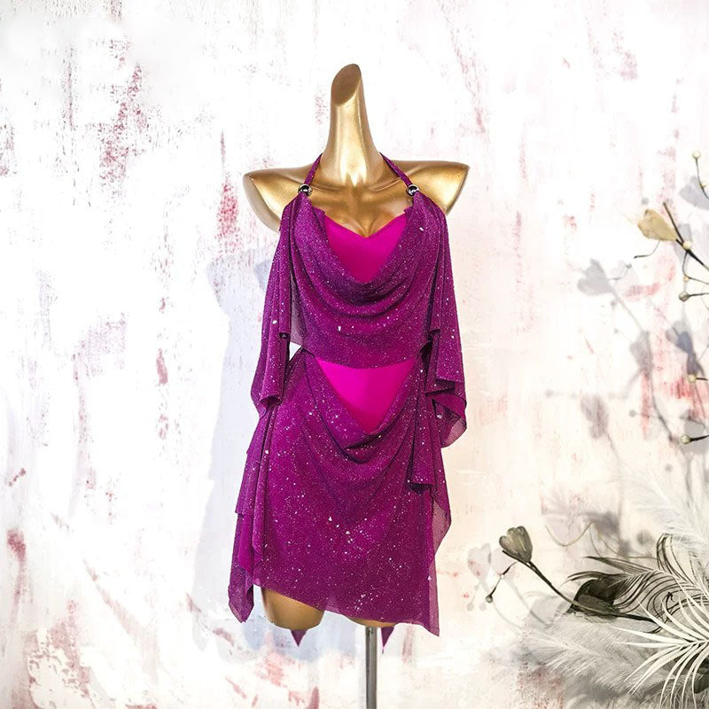 YJFY Women's Fuchsia Mesh Latin Dance Dress Dance Wear Training Performance Dress