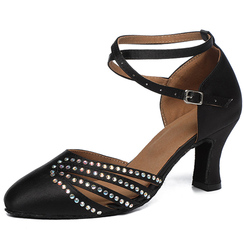 HW Women's Black Satin Customized Heels Ballroom Dance Shoes Modern Shoes