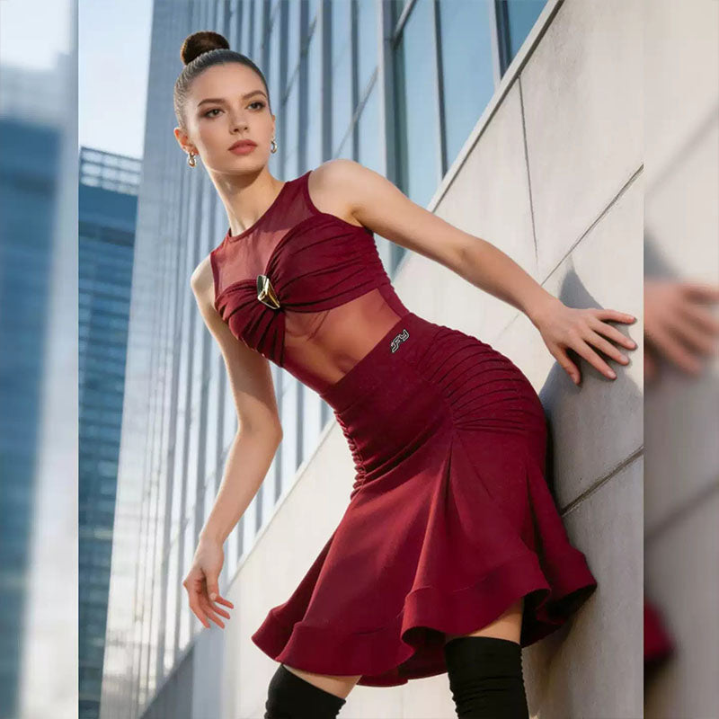 YJFY Women's Dark Red Latin Dance Sets Dance Wear Training Performance Dress Sets(Without Golves)