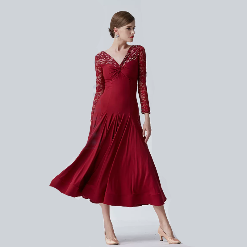 YUN Customisable-Women's Long Sleeve V-neck Backless Diamonds Waltz Modern Ballroom Dance Dress Competition Dresses