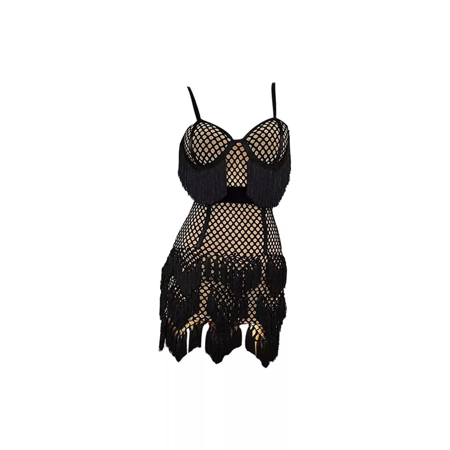 YJFY Women's Black Tassel Latin Dance Dress Dance Wear Training Performance Dress (With Gloves)