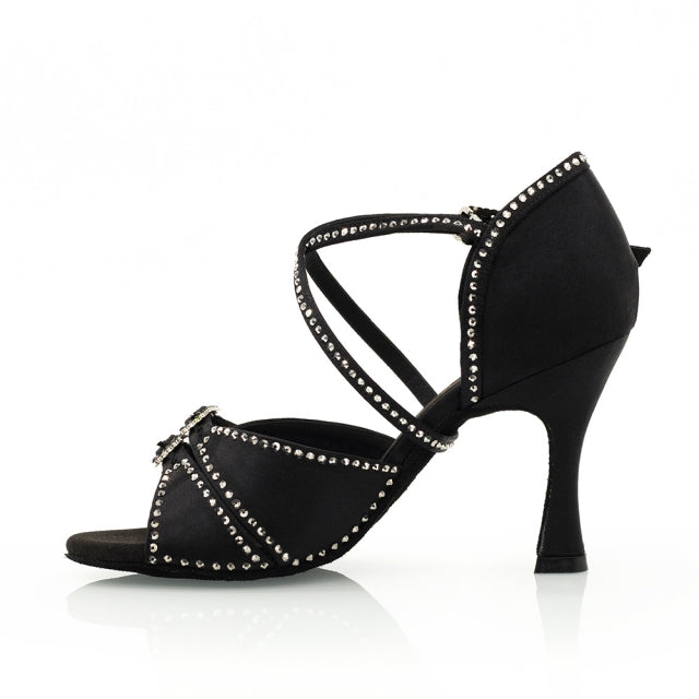 DS Women's Black Satin Customized Heel Ballroom Dance Shoes Latin Dance Shoes