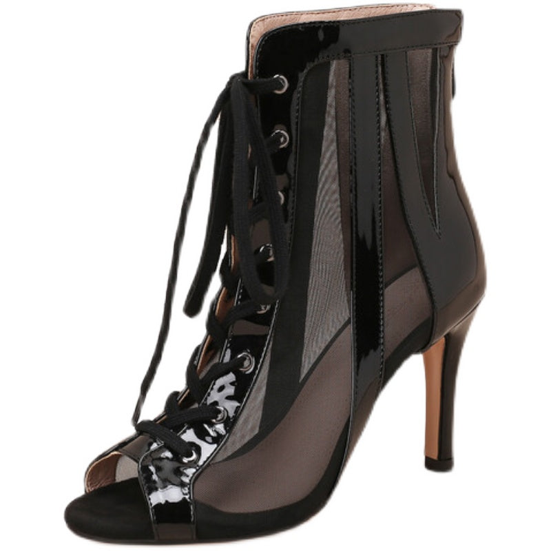Women's Black 9cm Slime Heel Rubber Sole Mesh Jazz Shoes Lace-up Open Toe Dance Heels Boots