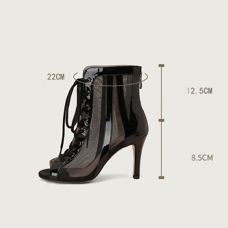 Women's Black 9cm Slime Heel Rubber Sole Mesh Jazz Shoes Lace-up Open Toe Dance Heels Boots