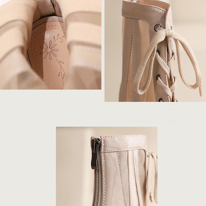 Women's Apricot 9cm Slime Heel Rubber Sole Mesh Jazz Shoes Lace-up Open Toe Dance Heels Boots