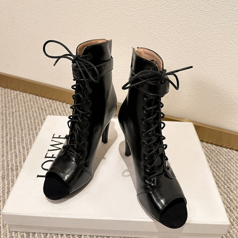 DS Women's Black 7.5cm/10cm Heel Rubber Sole Leatherette Jazz Shoes Open Toe Dance Heels Boots